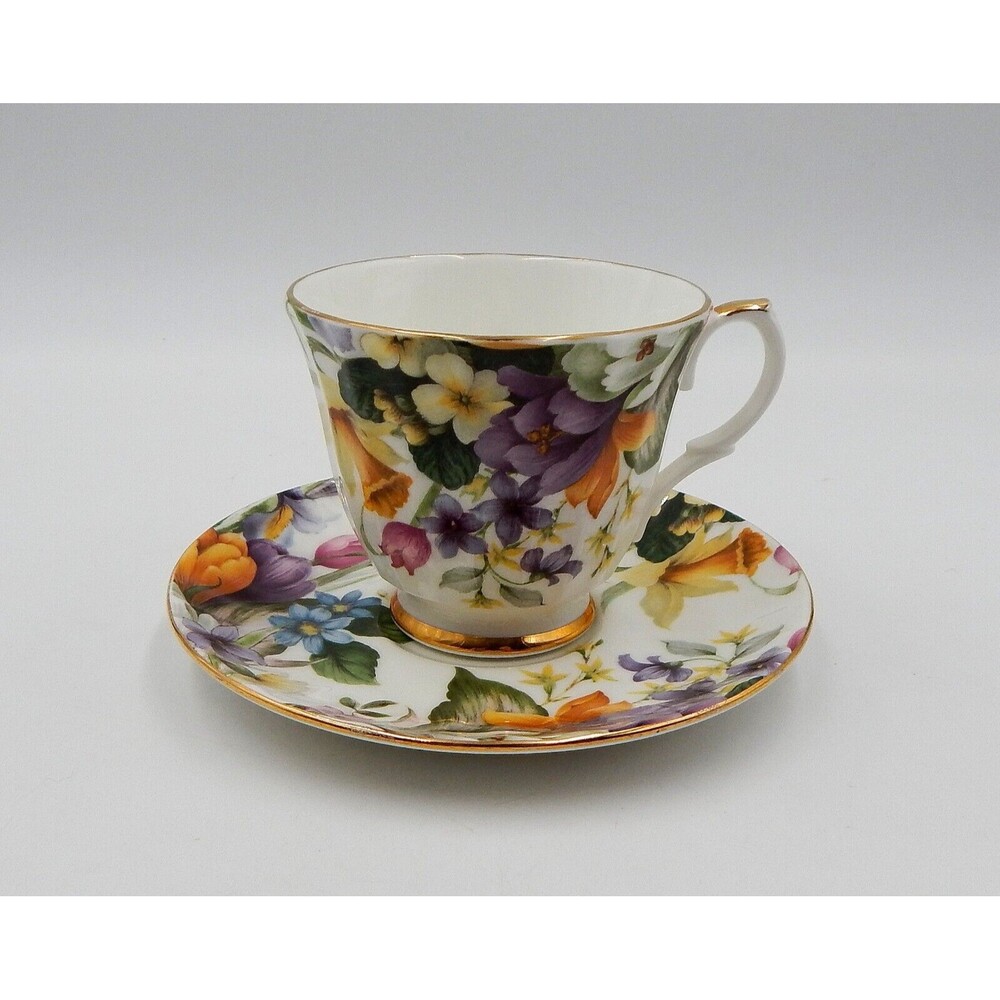 Duchess Fine Bone China Tea Cup Saucer Spring Floral Garden Gold Trim